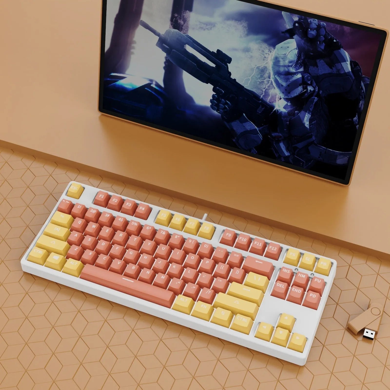 87-key hot-swappable mechanical keyboard with dual-colour backlighting and metal construction.
