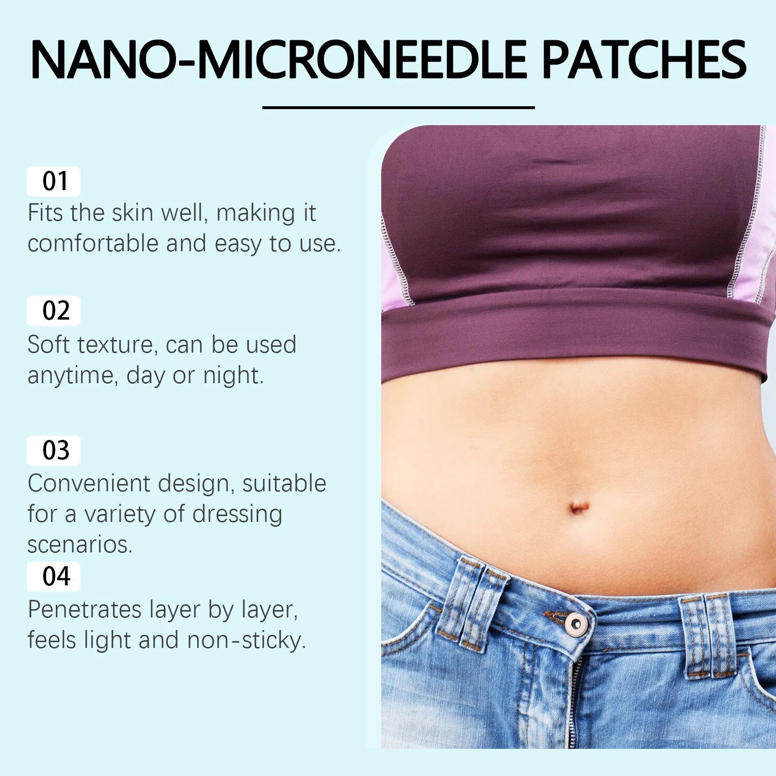 Four slimming microneedle patches in adhesive bandage format for body care