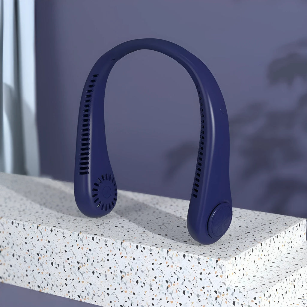Blue USB-charging portable bladeless neck fan worn around the neck.
