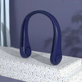 Blue USB-charging portable bladeless neck fan worn around the neck.