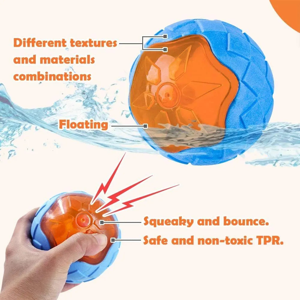 Set of three TPR dog toys: a spiky ball, a barbell, and a tyre, all floating in water.
