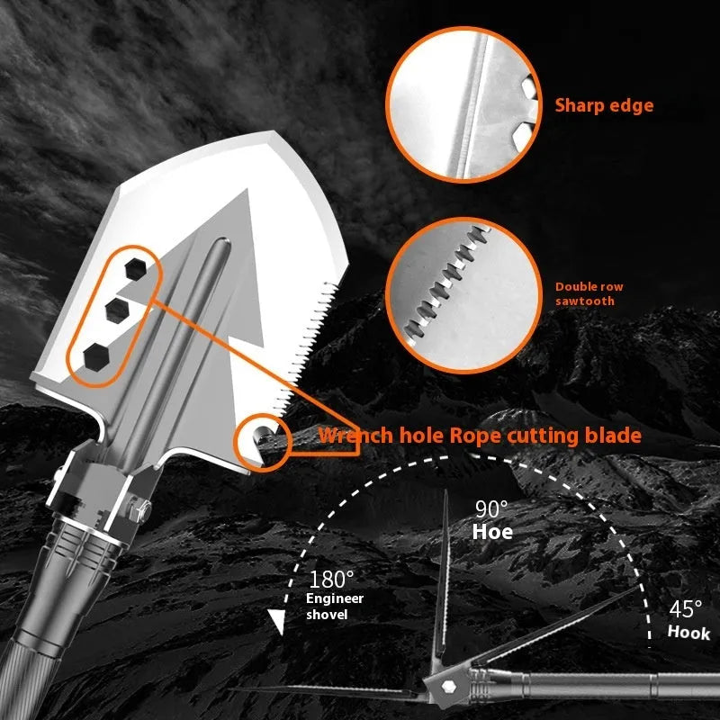 Black multi functional military shovel set with axe and survival tools, 80cm length