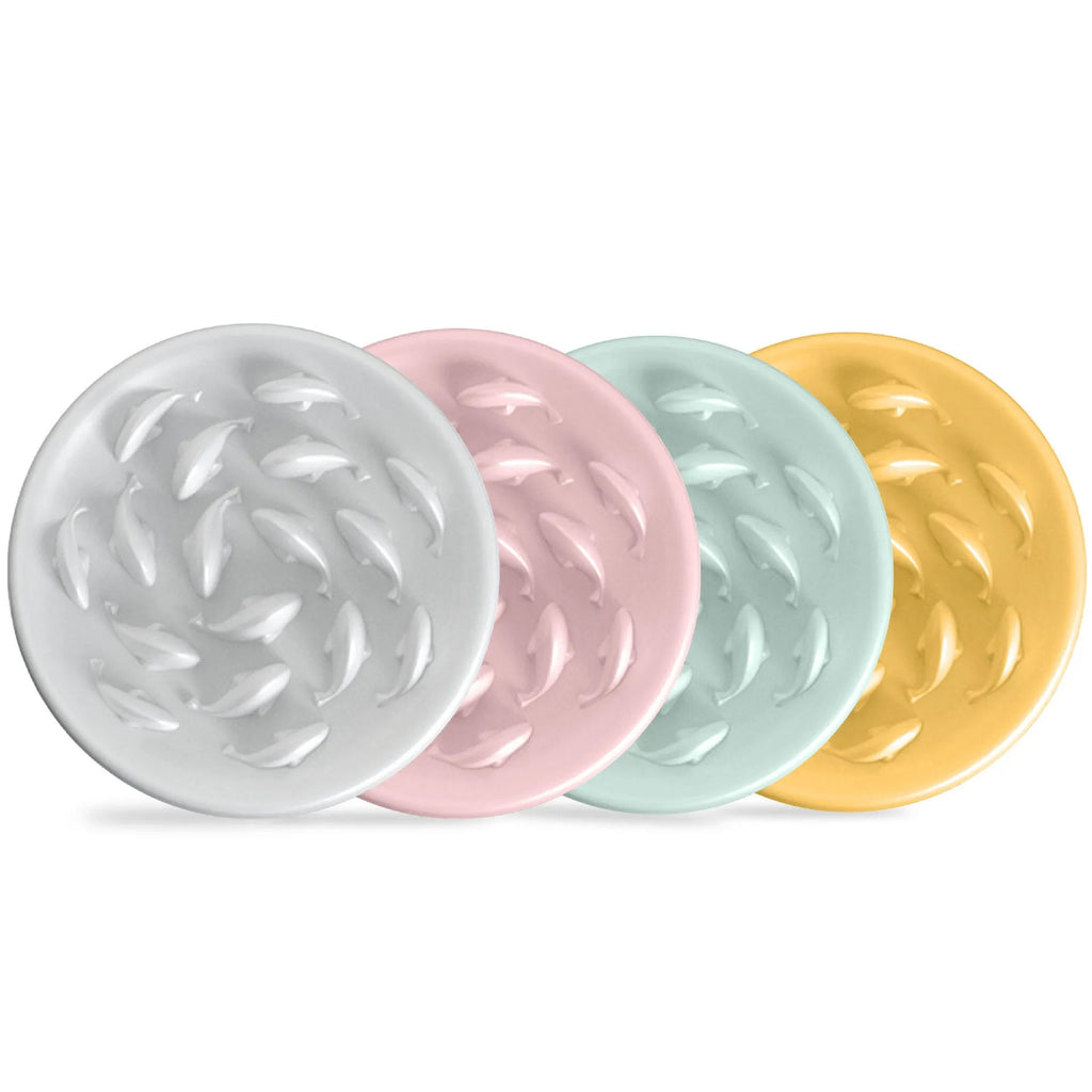Coloured melamine slow feeding bowl for cats with raised interior pattern