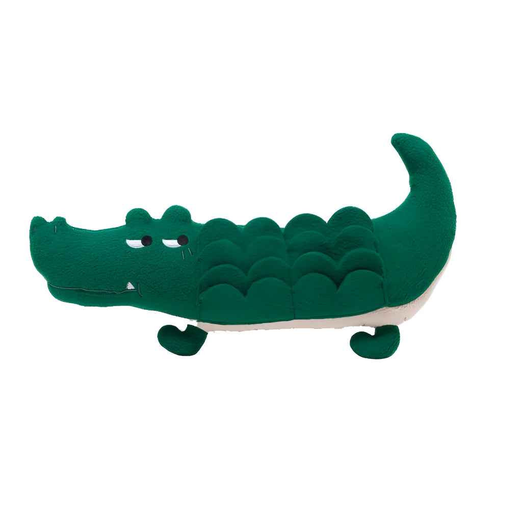 Green plush toy dog stuffed animal measuring 35 cm tall on a white background.