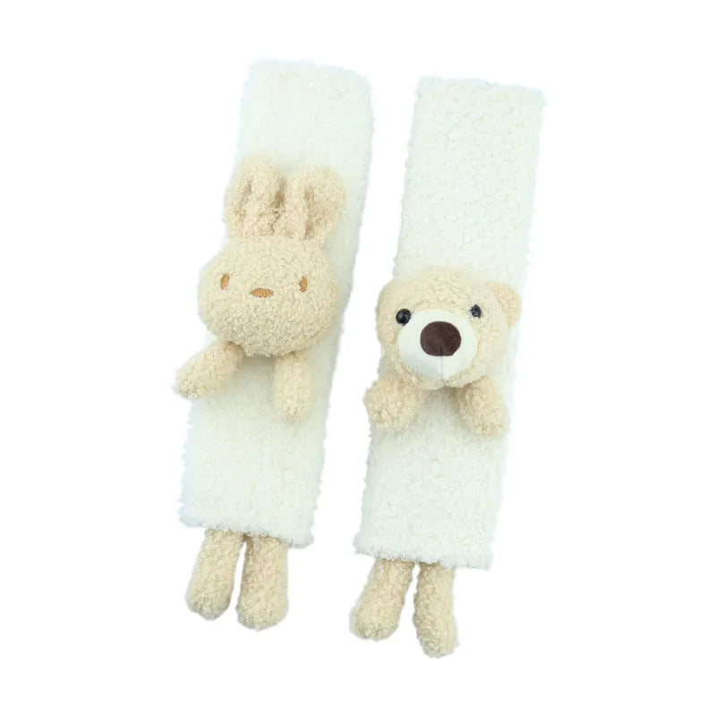 Cartoon plush car seat belt shoulder protector in lamb wool, showing Rabbit and Bear design options.