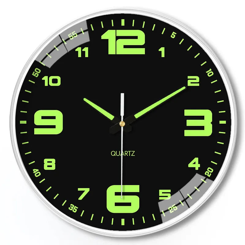 Modern 8 inch luminous wall clock in plastic case on a wall.