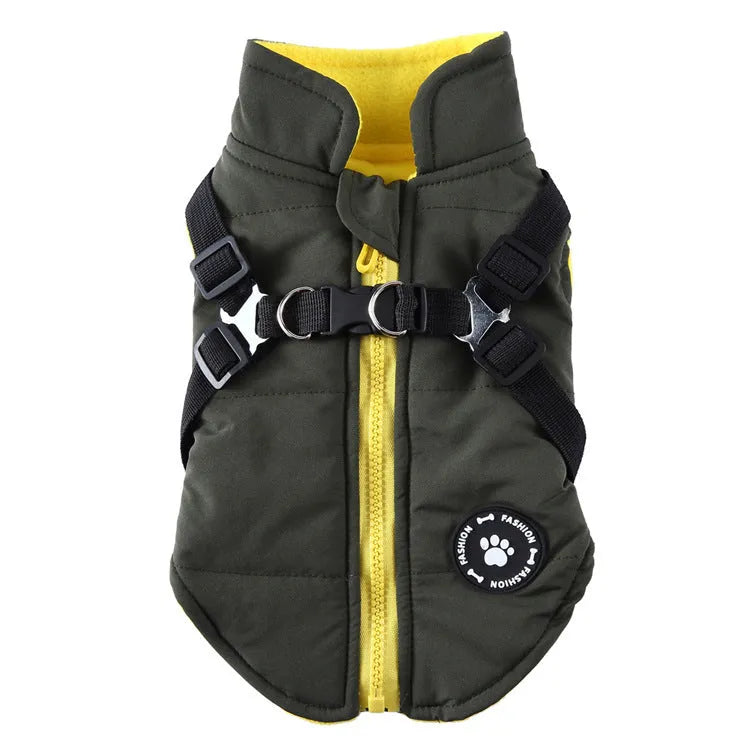 Chest strap dog winter jacket in blue, showing padded interior and adjustable strap.