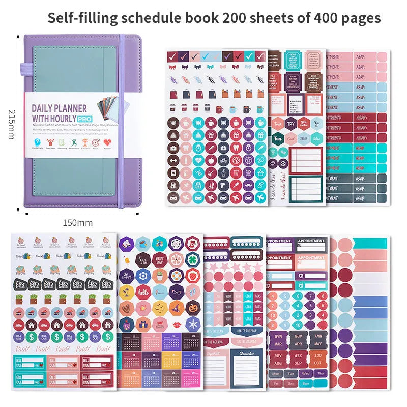 Undated notebook with PU cover in six colour options showing thread binding and 200 pages