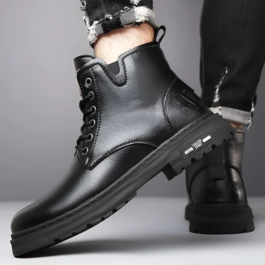 Men's black Martin boots with thick rubber soles and lace-up front, showing round toe and calf-height design