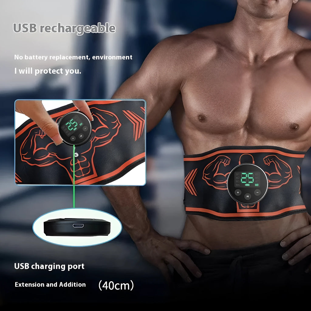 Blue and orange EMS smart massage belt with host unit, large electrode pad, and two smaller arm stickers on a grey background.