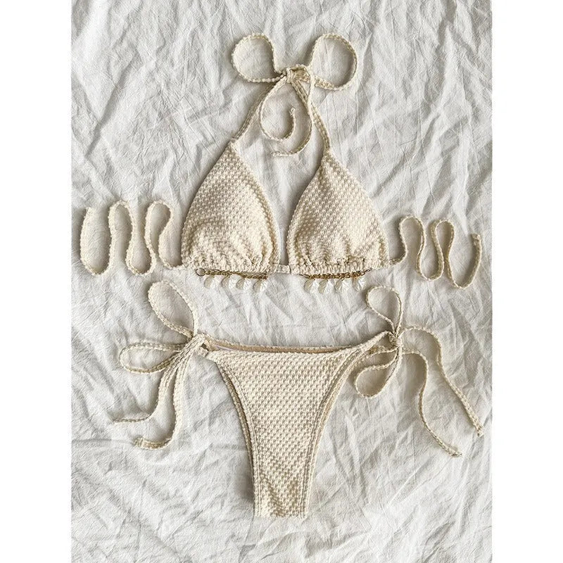 Women's halter neck lace-up bikini swimsuit in milky white, green, or white with briefs bottom