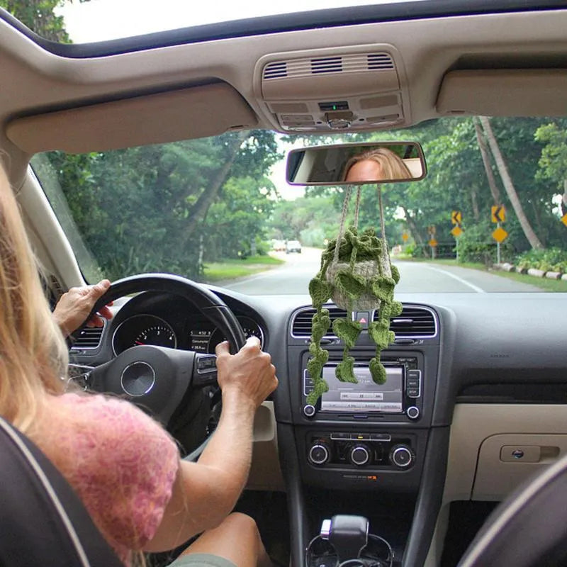 Green and white knitted wool car plant ornament hanging from a rope