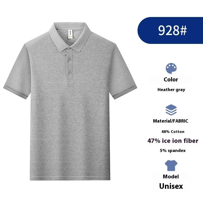 Solid colour catering work polo shirt in ice silk fabric on a hanger, showing short sleeves and regular fit.