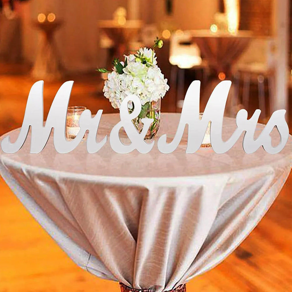 White wooden MR MRS decoration with creative English letters on density plate