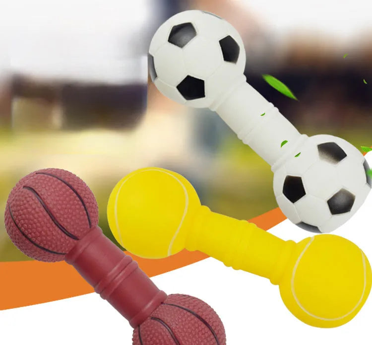 Football dumbbell shaped dog squeaky chew toy in multiple colours