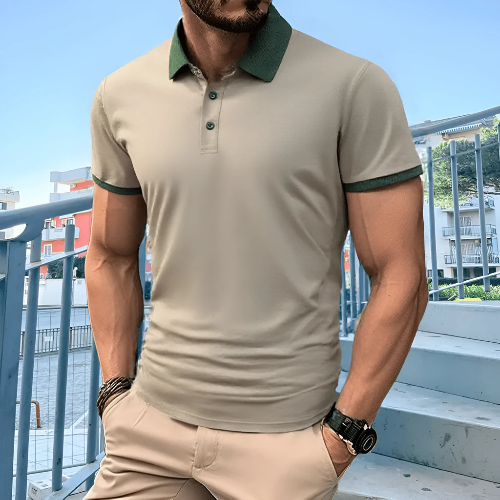 Summer polo shirt in ice silk polyester with short sleeves and flocking detail