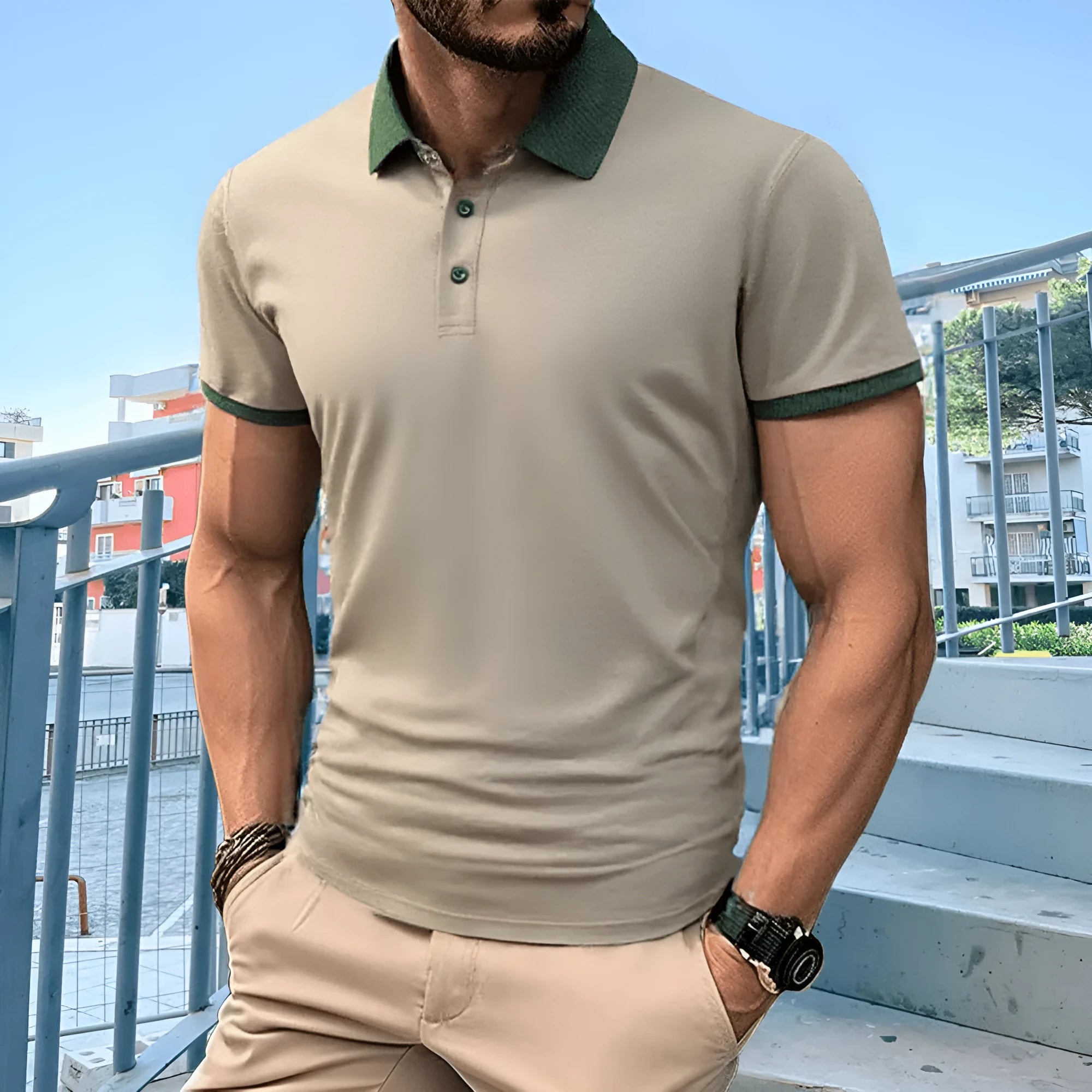 Summer polo shirt in ice silk polyester with short sleeves and flocking detail