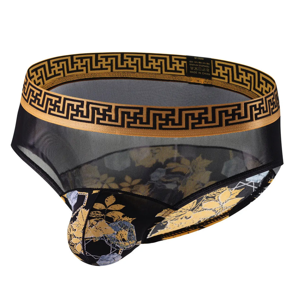 Men's mid waist briefs with nylon mesh fabric and floral stitch pattern in Timbo or Maple Leaf design