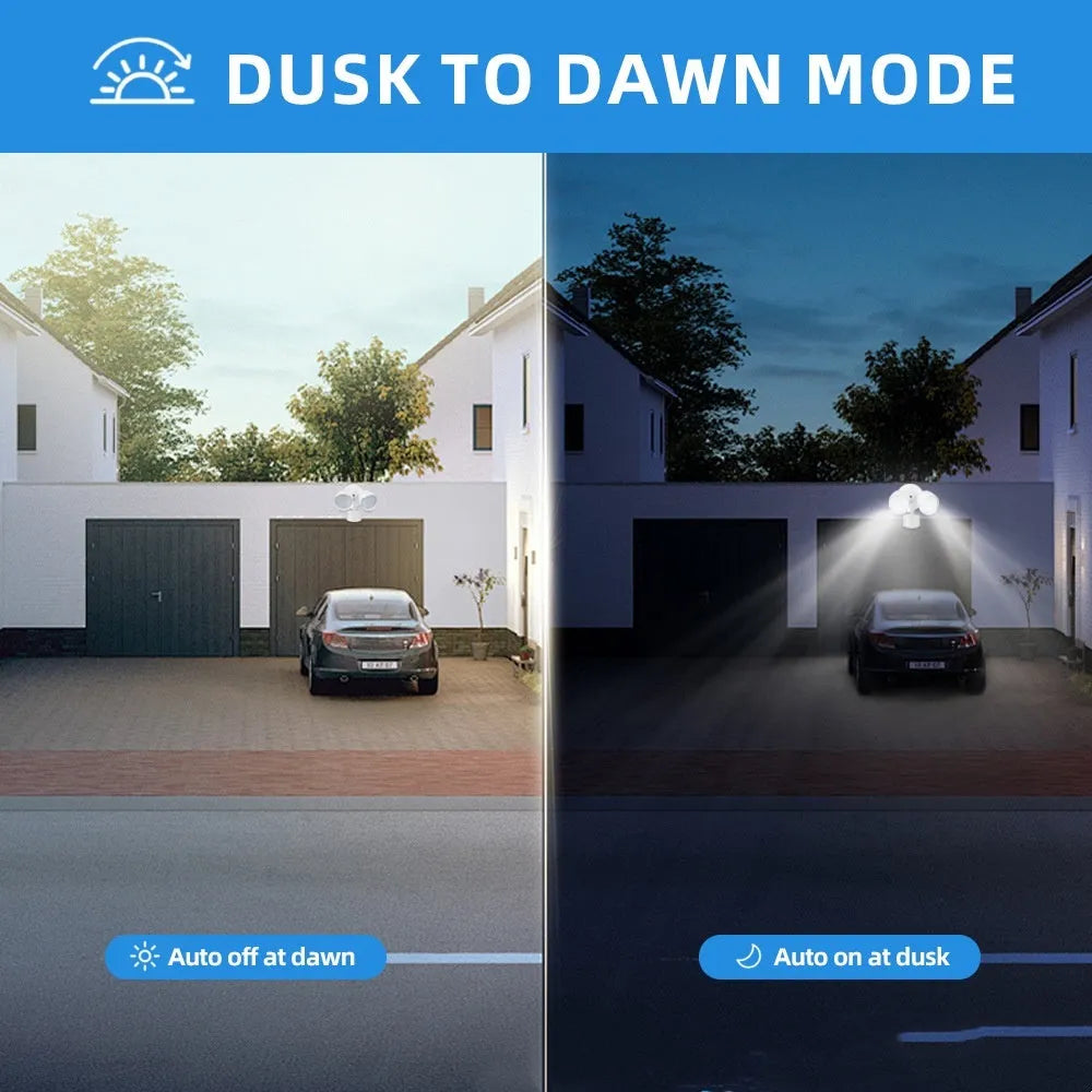 White LED security flood light with motion sensor mounted on an exterior wall
