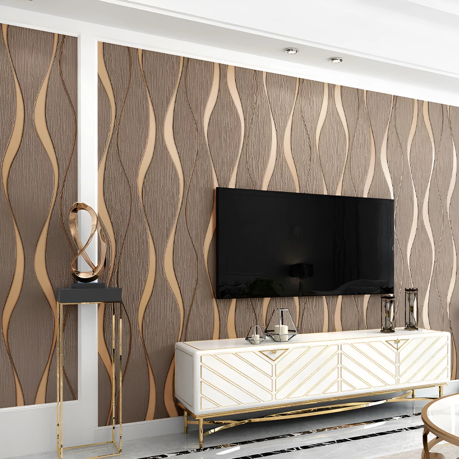 Roll of grey 3D stripe wallpaper with thick velvet texture next to a sample on a wall