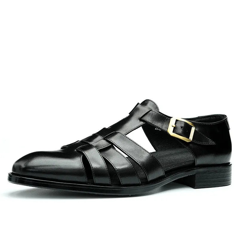 Men's genuine leather retro business sandals in black or brown with rubber sole