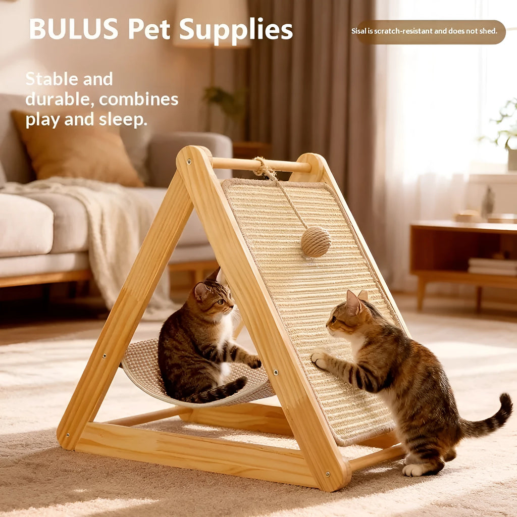 Minimalist all-in-one solid pine wood cat tree with triangle hammock scratch board
