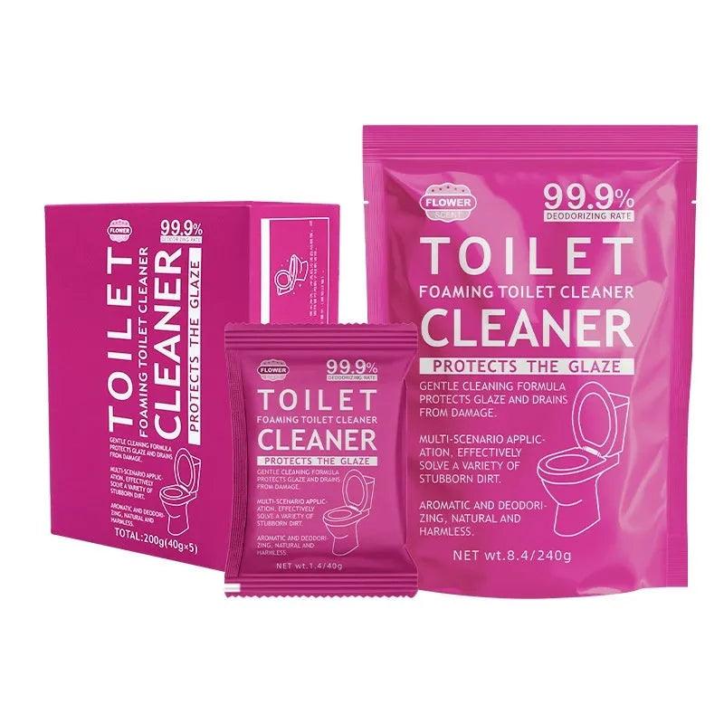 Toilet bubble cleaning powder package in blue or pink fragrance variant, showing 240g bag or box of 5 sachets.