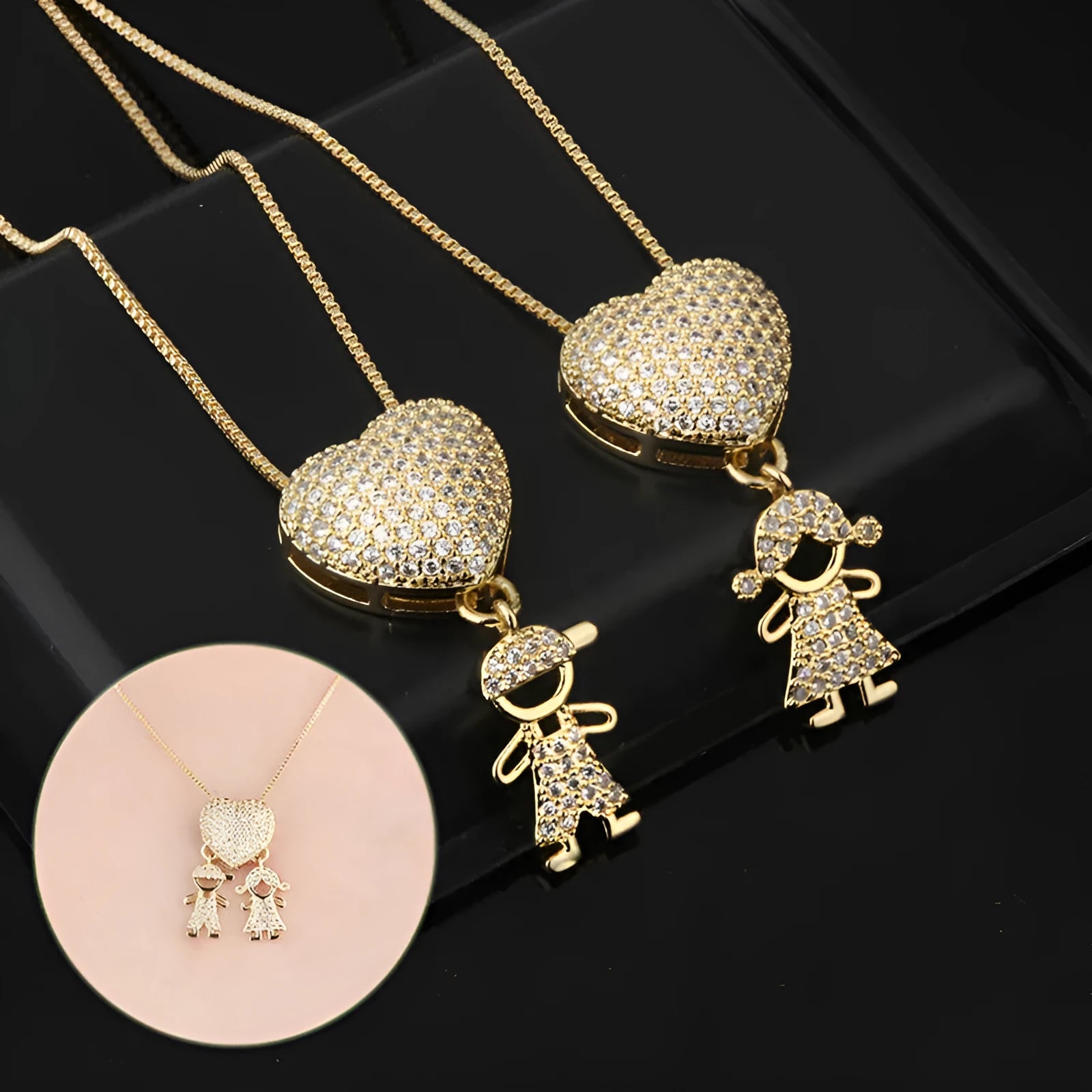 Gold colour copper heart pendant necklace with cubic zirconia inlays on a chain
