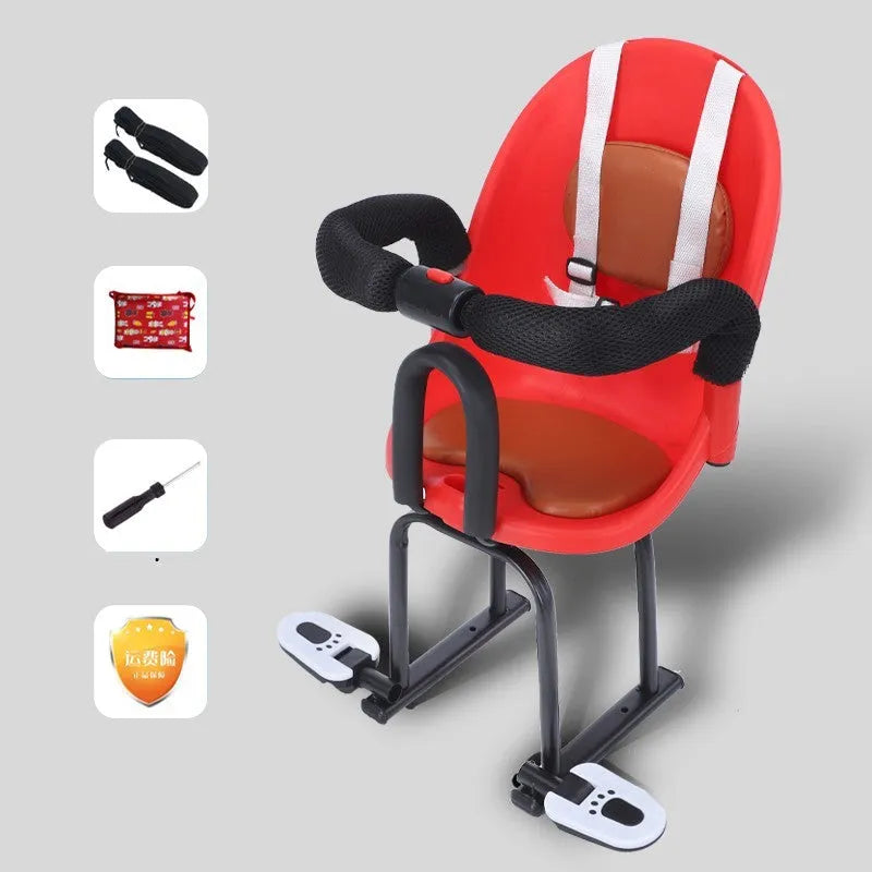 Children's front scooter seat with high carbon steel frame in white, red, or black colour options