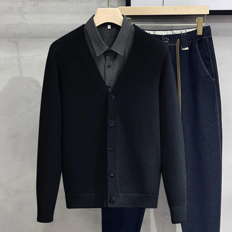 Men's cotton knitted cardigan sweater coat in black, V-neck, long sleeves, loose fit, winter casual wear.
