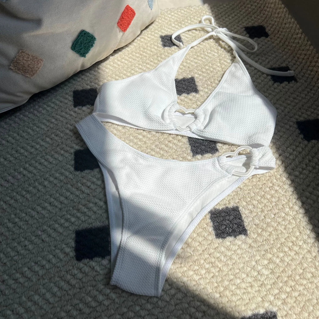 New Love split swimwear set for women, polyester top and shorts, beige colour, sleeveless briefs style, summer beachwear