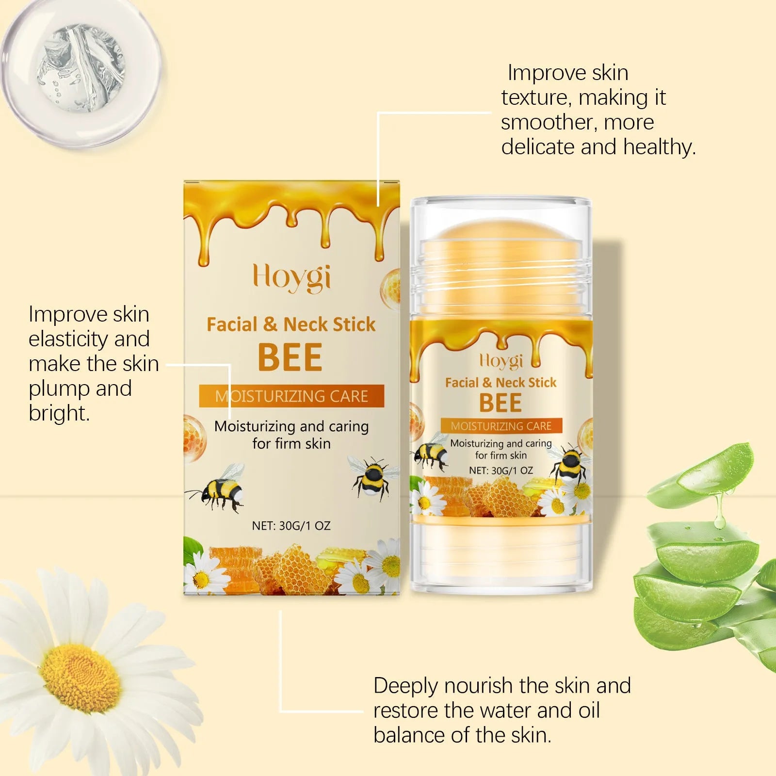 Moisturising facial skin essence stick with bee venom and chamomile extract in 30g stick format