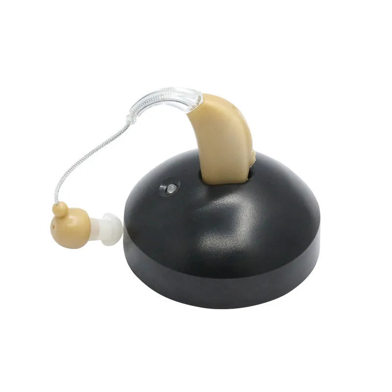 Black silicone rechargeable hearing aid amplifier with charging cable for elderly users