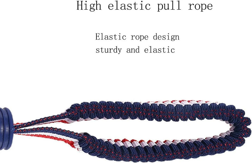 Blue rubber dog ball with rope attached, showing textured surface.