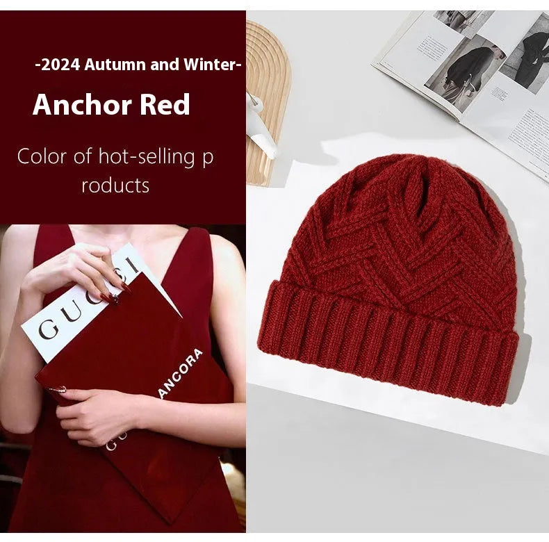 Wool knitted dome hat for women in ankela red with totem detailing.