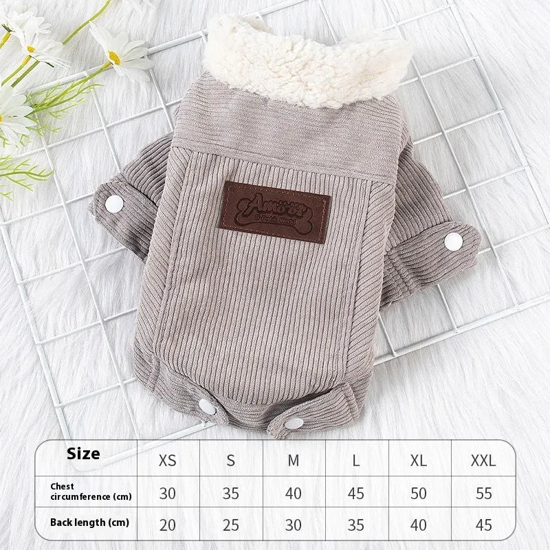 A grey lambswool-lined padded vest for dogs, shown on a mannequin, for winter warmth.