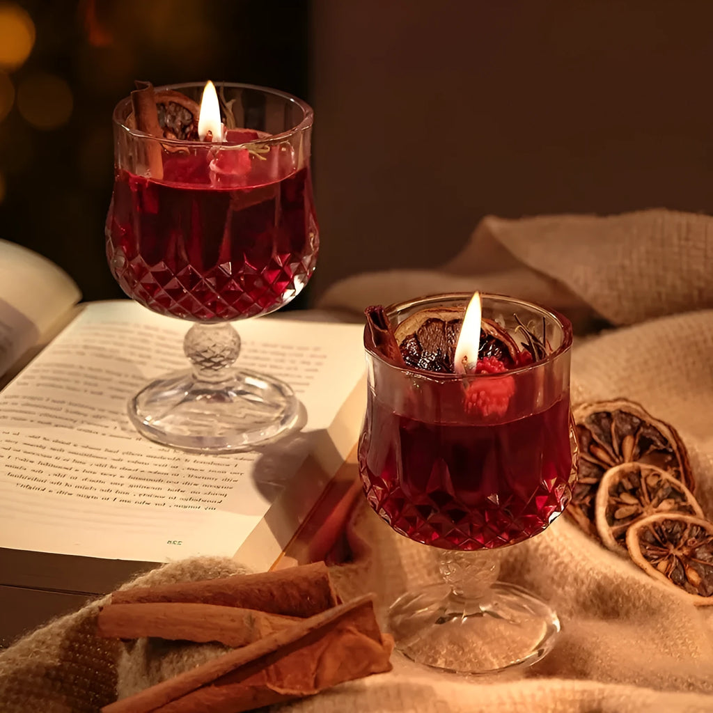 Glass wine goblet containing mulled wine scented candle with crystal jelly wax