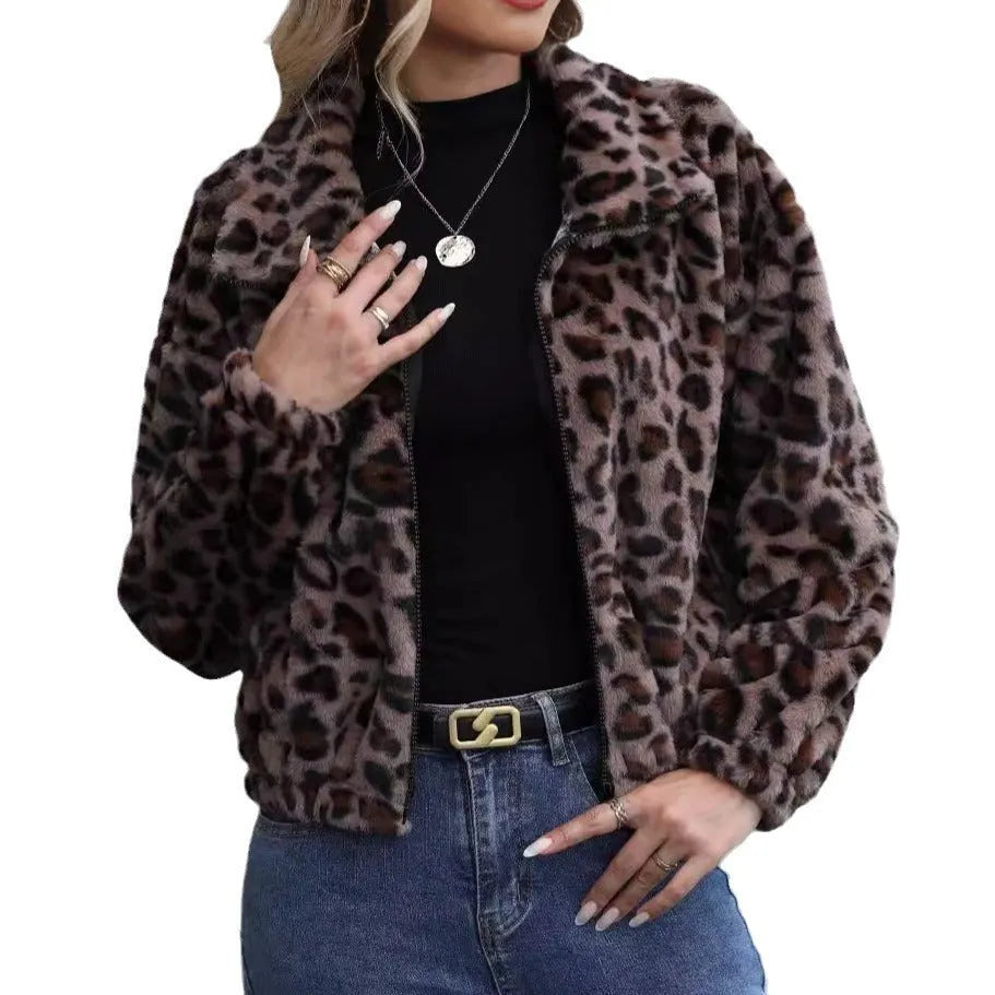 Women's loose long sleeve leopard print plush coat with full zip on a hanger