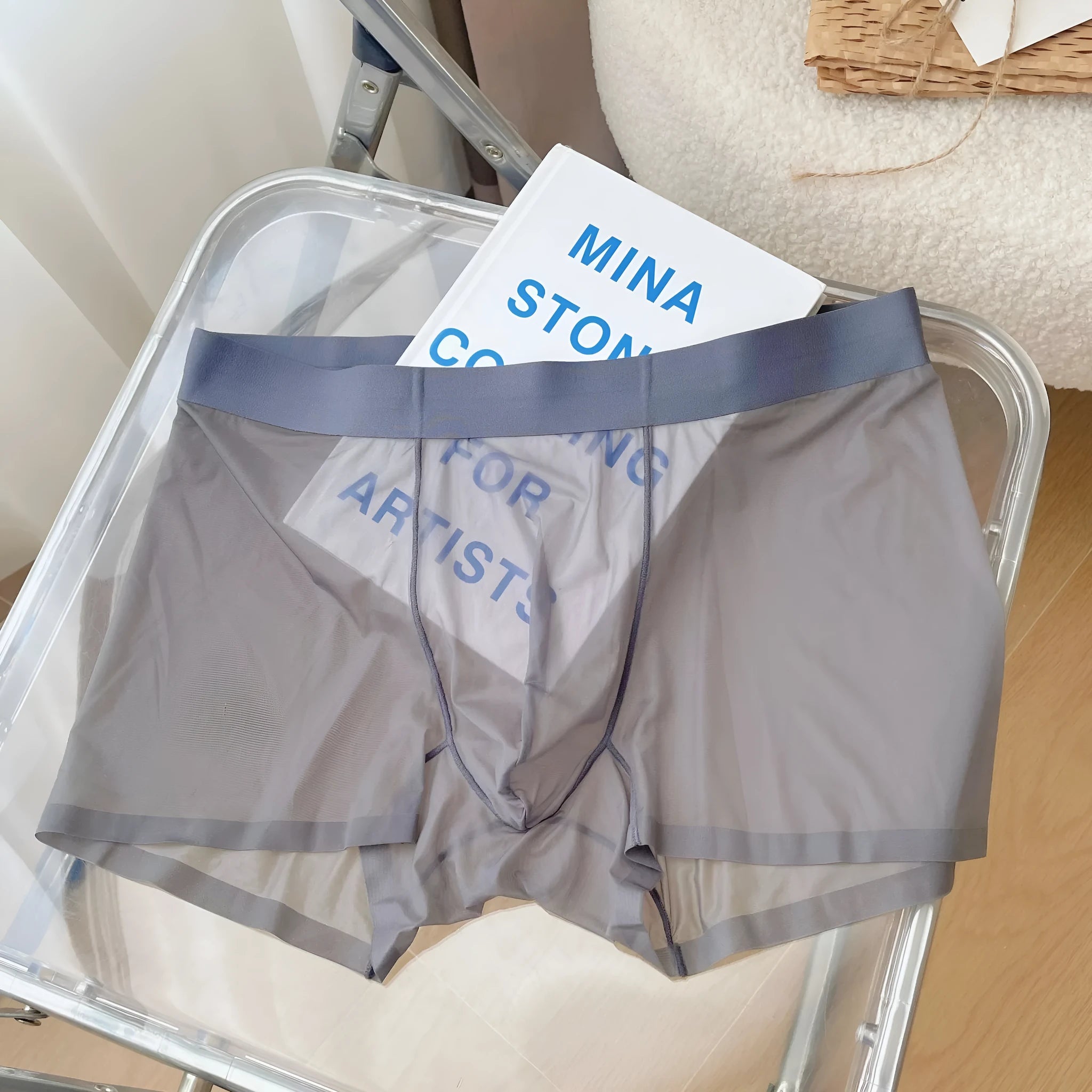 Men's thin nylon boxer shorts in a mid waist style, shown in rock ash colour.
