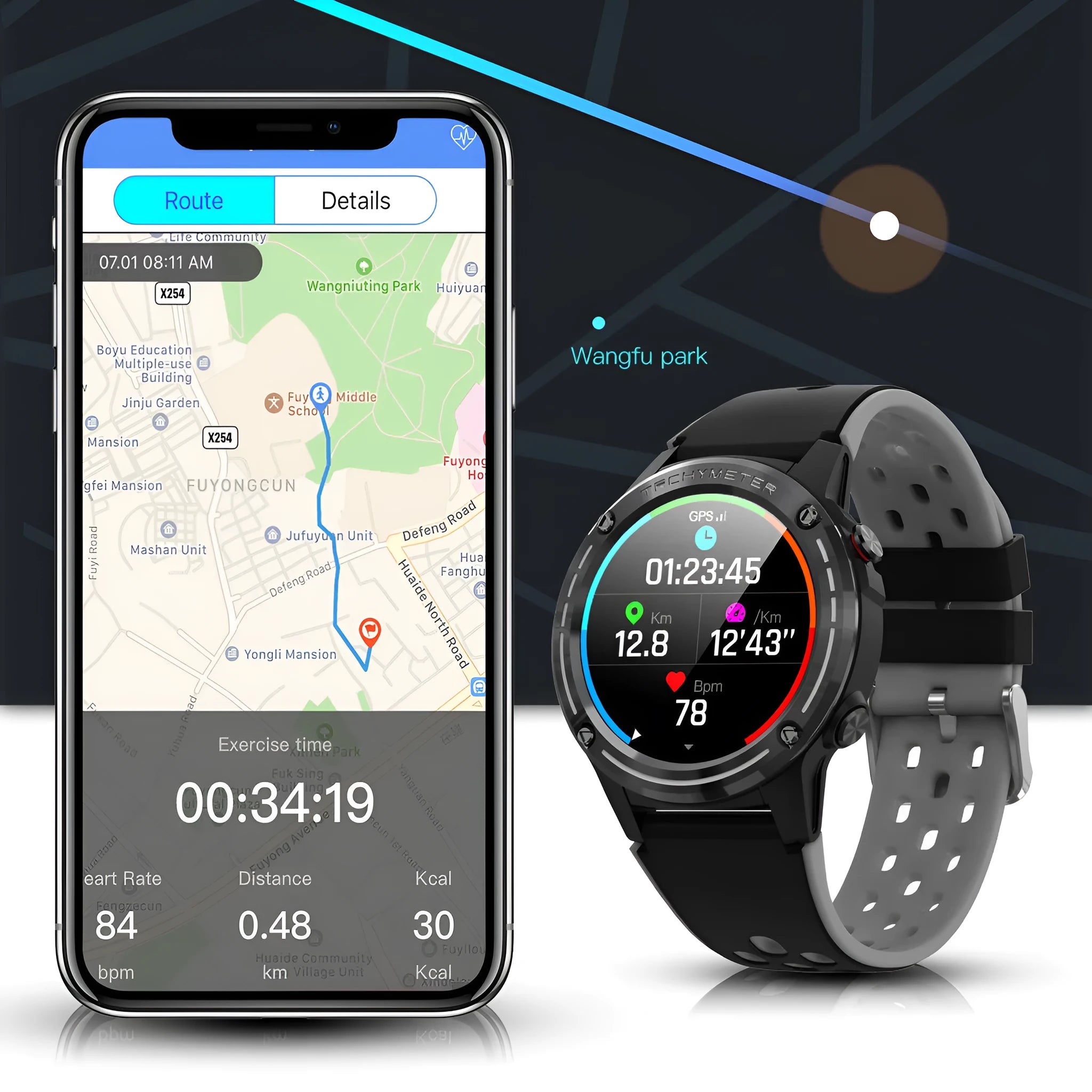 GPS smart watch sports bracelet with silicone strap in four colour options