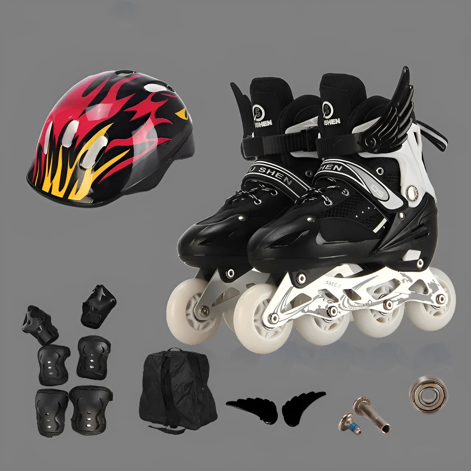 Yellow children's adjustable roller skates with aluminium frame, shown with protective gear set and backpack.