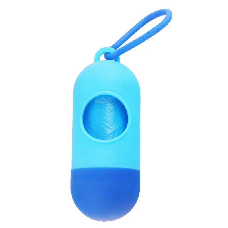 Compact dog poop bag holder with side hook and Velcro base, shown in assorted colours