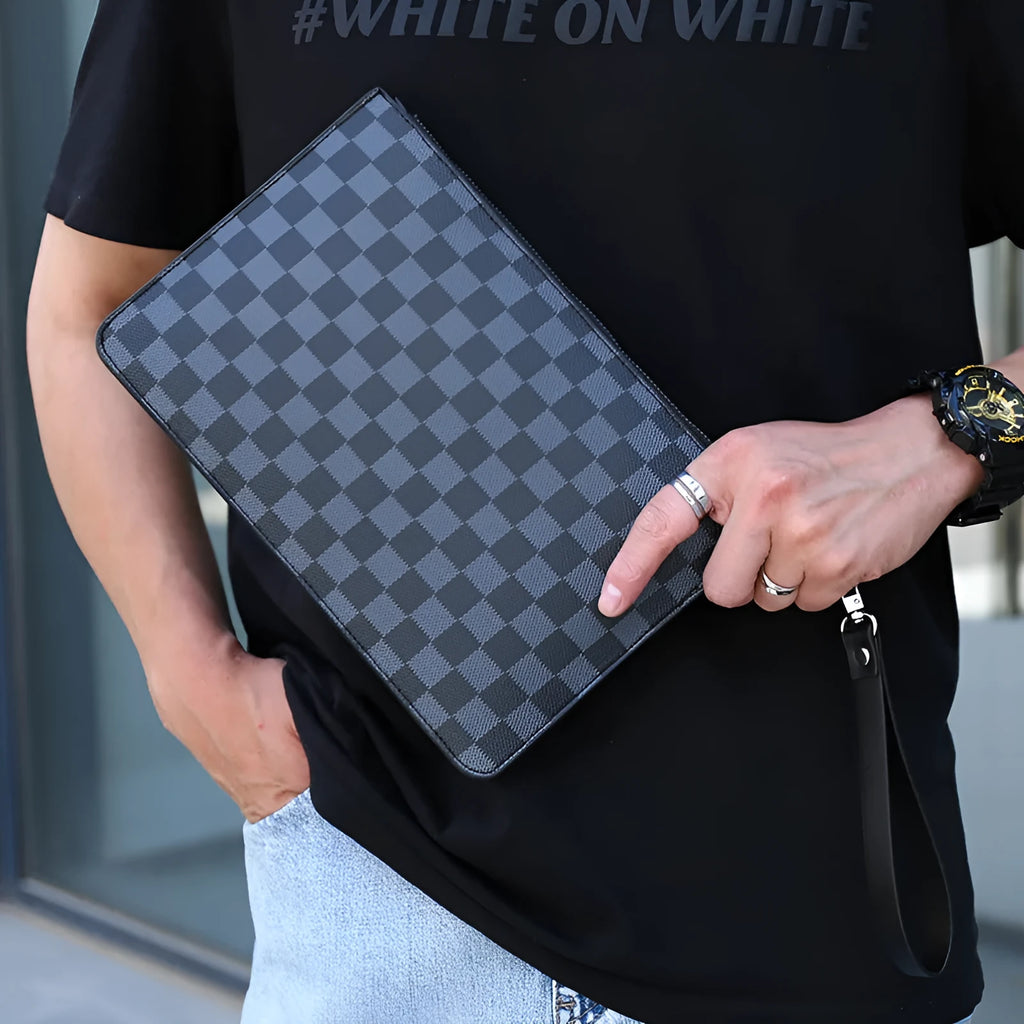 Men's soft PU leather plaid pattern clutch wallet with 6 card slots and zipper pocket