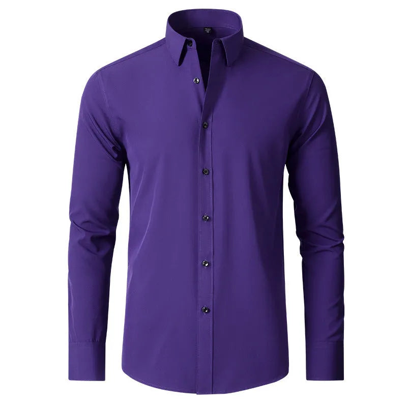 Korean slim-fit solid colour men's shirt, long sleeve, non-iron polyester blend, available in multiple colours