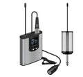 Silver head-mounted wireless microphone with headband and clip for hands-free speaking