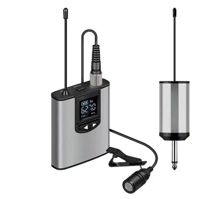 Silver head-mounted wireless microphone with headband and clip for hands-free speaking