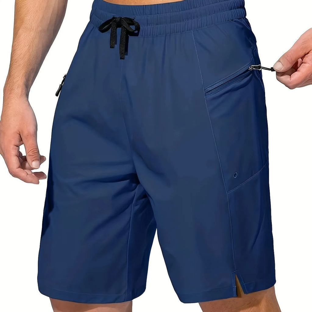 Men's quick-dry polyester beach shorts shown in multiple colour options with straight leg cut.