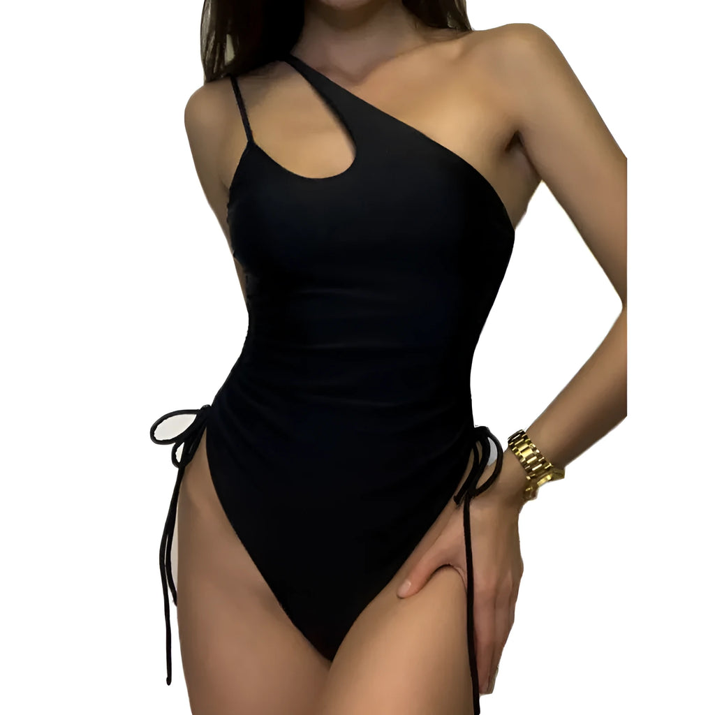 Black sleeveless women's dress with sloping shoulders and adjustable lacing detail