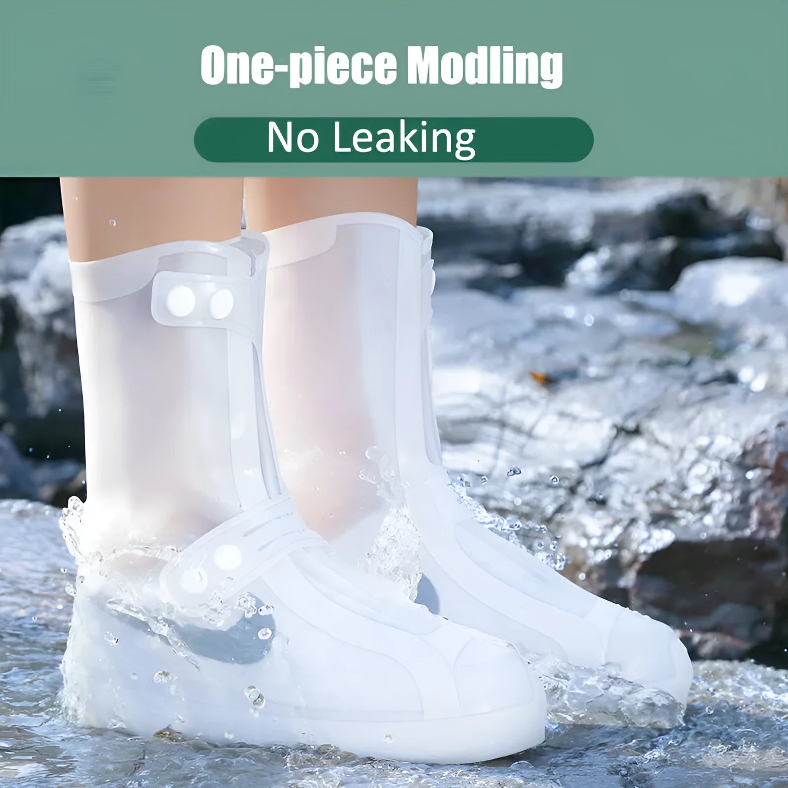 White high-top PVC reusable waterproof shoe covers for women on a wet surface.