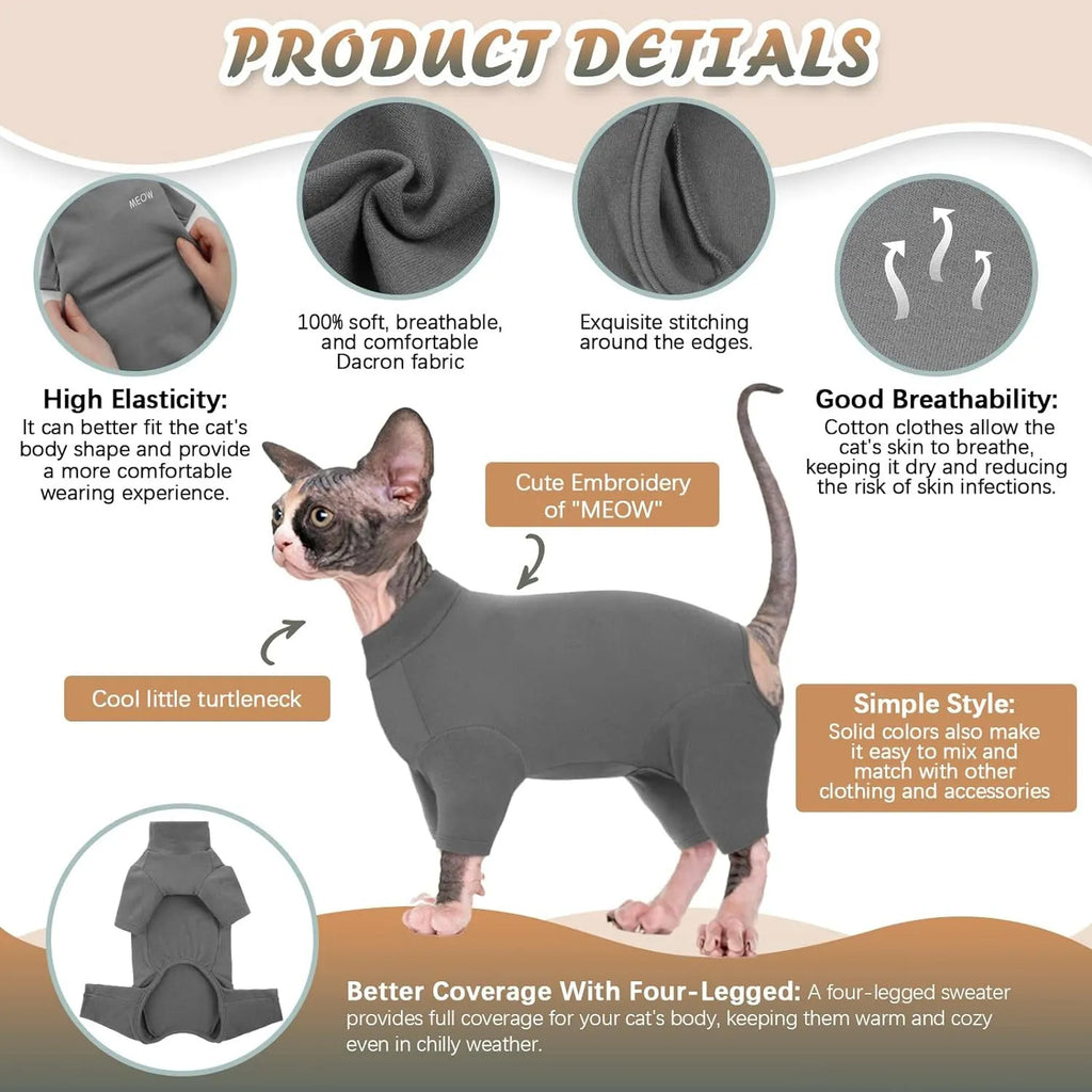 Hairless cat wearing grey turtleneck sweater with sleeves and leg openings